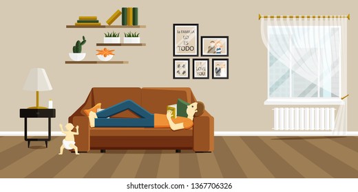 Vector Flat Illustration of Change of Gender Roles. Man on Maternity Leave. Father Reads a Book on Sofa and Baby Walks. Phrase in Spanish in Illustration means that family is everything