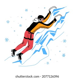 Vector flat illustration with a character, an athlete, Ascending on Water Ice. The concept of Ice Climbing, Extreme Winter Sports, mountaineering, lifestyle, championships, competitions. 