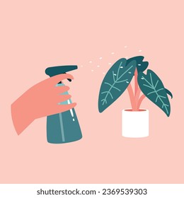 Ilustración plana vectorial con botella de pulverizador de mano de personaje y Alocasia exótica en la olla. Afiche para guía sobre el trabajo de entrenador de plantas. Los profesionales muestran cómo crecer y cuidar el jardín en casa