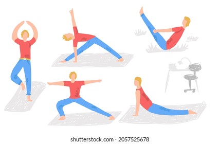 Vector flat illustration with character who does yoga. The pose or asanas of a tree, warrior, dog, triangle, boat are depicted. You can use elements in web design, banners, etc.