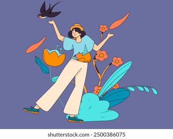 Vector flat illustration of characters in spring
