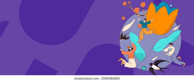 Vector flat illustration of characters in spring
