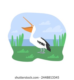 Vector flat illustration of a charming pelican with an open beak on a background of sky and lake. Icon for biological design, wildlife and nature reserves themes