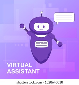 Vector Flat Illustration. Chat Bot Blue Color Artificial Intelligence Welcome. Virtual Assistant Performs Assigned Tasks Electronic Code Written Developer Social Networking Assistant Browsers Gadgets