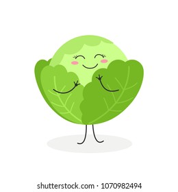 Vector flat illustration of cheerful cartoon cabbage isolated on white background 