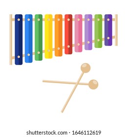 vector flat Illustration of cheerful xylophone isolated on white backdrop. child music performance, rainbow cartoon musical percussion instrument, happy fun game, kid entertainment. drum wood sound