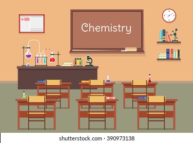 Vector flat illustration of chemistry classroom at the school, university, institute, college. Desks with books rulers, flasks, bottles, beaker, microscope, blackboard, chalk, bookshelf, clock