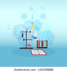 Vector Flat Illustration Chemistry Lesson. Test Tubes and Flasks Different Reagents. Red Book with Records Scientific Conclusions. Several Test Tubes Different Colors. Conducting Research Evidence.