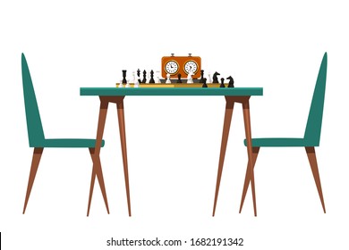 Vector flat illustration of chess on chessboard and control clock. Accessories, table and chairs for chess players isolated on white background. Board logic game for intellectuals, sportsmen and hobby