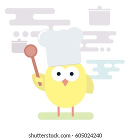 Vector flat illustration of chicken chef with wooden spoon. Stylized easter pictogram.