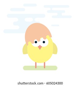 Vector flat illustration of chicken with hat made from egg shell.