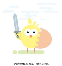 Vector flat illustration of chicken knight with sword and shield made from egg shell.