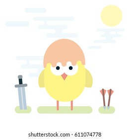 Vector flat illustration of chicken knight with sword and arrows.