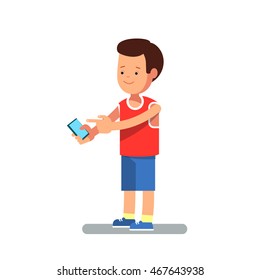 Vector flat illustration of child with a phone in her hands, and modern clothes. Teenager talking on the phone or write a message isolated