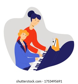 Vector flat illustration child playing piano under supervision of teacher. Concept music schools, studios for children, music education.