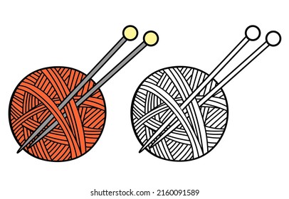 Vector flat illustration for children coloring in a doodle style. Ball of yarn for knitting and knitting needles