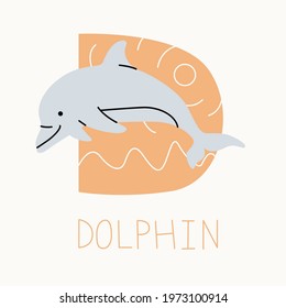 Vector flat illustration for children's alphabet. The letter D and the dolphin on the background.