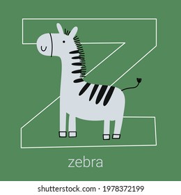 Vector flat illustration for children's alphabet. The letter " Z " and a zebra in the foreground.