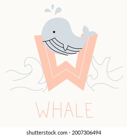 Ilustración plana vectorial para el alfabeto infantil. La letra W y una ballena al fondo.