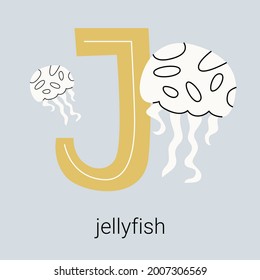 Vector flat illustration for children's alphabet. The letter J and a jellyfish in the background.