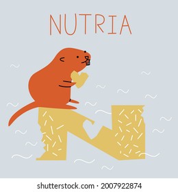 Vector flat illustration for children's alphabet. The letter N and a nutria in the background.