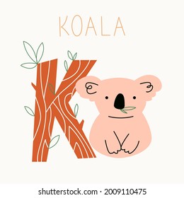 Vektorflache Illustration für Kinderalphabeten. Der Buchstabe K und Koala im Hintergrund.