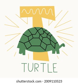 Vector flat illustration for children's alphabet. The letter T and turtle in the background.