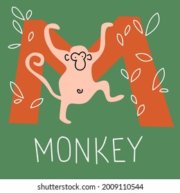 Vektorflache Illustration für Kinderalphabeten. Der Buchstabe M und der Affe im Hintergrund.