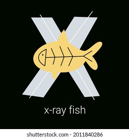 Vector flat illustration for children's alphabet. The letter X and x-ray fish in the background.