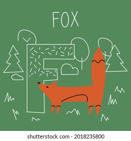Vector flat illustration for children's alphabet. The letter F and fox in the background.