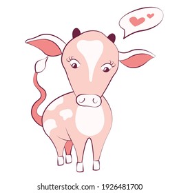 Vector flat illustration for children's book. Cute baby cow cartoon. Baby print. Kawaii domestic animal. Cute little farm milk animal character. Print for baby shower party. Moo! Monochrome trendy
