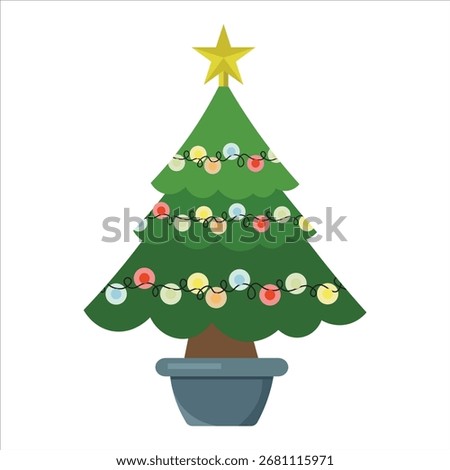 A vector flat illustration for children's books, showcasing a Christmas tree in a pot, ideal for festive and storybook art visuals.