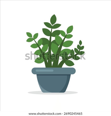 A vector flat illustration for children's books, depicting a ZZ plant in a vibrant pot, perfect for easy-care and imaginative art designs.