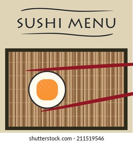 Vector flat Illustration of chinese, japan, korean, chopsticks holding sushi wrapped in round form with leaf or seaweed with sake, rice, nori, tuna. Sticks made of Yew wood, ivory, bamboo string mat.