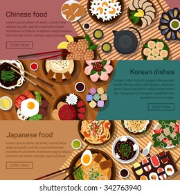 Vector flat illustration of chinese, japanese,korean, hong kong national dishes.Sushi meals with spicy ingredients.Rice, noodles, soybeans, vegetables, fish, tofu, meat, soy, garlic, paper ingredients