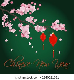 Vector flat illustration for Chinese New Year holiday with traditional symbols red lanterns and sakura sprig

