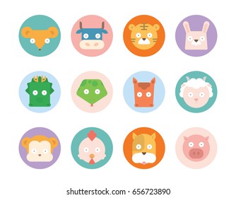 Vector flat illustration of Chinese Zodiac Icons Set, Twelve Animals: Mouse, Cow, Tiger, Rabbit, Dragon, Snake, Horse, Sheep, Monkey, Chicken, Dog, Pig