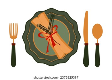 Vector flat illustration of Christmas catering. Table set for Christmas, top view, plate with napkin, fork, knife and spoon in flat style, isolated on white background.