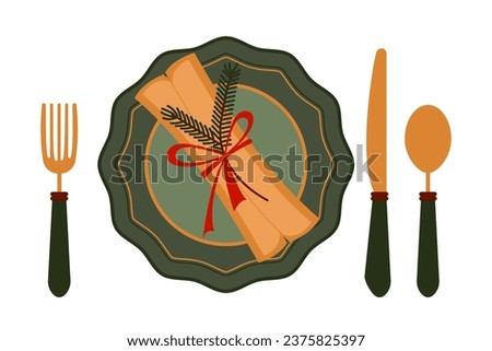 Vector flat illustration of Christmas catering. Table set for Christmas, top view, plate with napkin, fork, knife and spoon in flat style, isolated on white background.