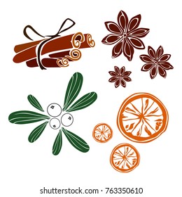 Vector flat  illustration of Christmas decoration. Cinnamon. Stars of anise. Mistletoe berries and leaves. Dry orange slices. Elements for design. Isolated on white background.