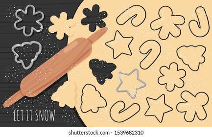 Vector Flat Illustration of Christmas Gingerbread on Wooden Texture Background. Concept of Cooking Master Class, Culinary Workshop, Top View. Template with Rolling Pin, Dough and Cutters for Banner