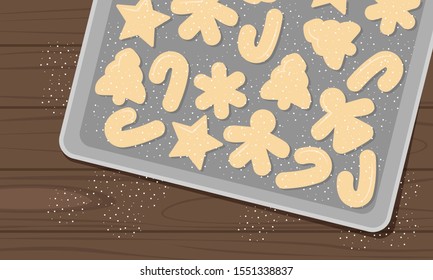 Vector Flat Illustration of Christmas Gingerbread in Oven-tray on Wooden Texture Background. Design with Cookies in Pan usable for Greeting Card, Postcard, Banner, Sign, Advertising. Template,Top View