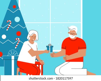 Vector flat illustration. Christmas holidays of happy senior american couple. Home is decorated with gift boxes, Christmas Tree. Cheerful elderly woman gives present to cute old husband. Cozy evening