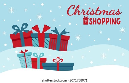 Vector flat illustration of Christmas shopping. New Year's card banner Christmas shopping. Christmas gifts in the snow. Vector illustration of EPS10.