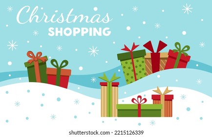 Vector flat illustration of Christmas shopping. New Year's card banner Christmas shopping. Christmas gifts in the snow.