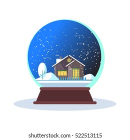 Vector flat illustration christmas snow globe with night winter house landscape. Snow ball on white background isolated
