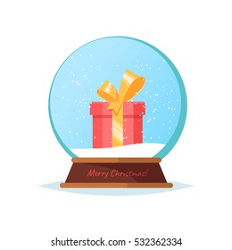 Vector flat illustration christmas snow globe with gift red box. Snow ball on white background isolated.