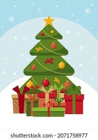 Vector flat illustration of a Christmas tree. New Year's green spruce decorated with toys and Christmas gifts. EPS10