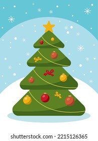 Vector flat illustration of a Christmas tree. New Year's green spruce decorated with toys.EPS10