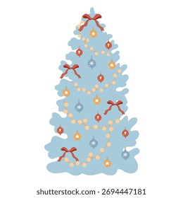 Ilustración plana de Vector de un árbol de Navidad en estilo retro. Árbol de abeto azul de Antiguas con guirnalda, arcos y decoraciones de Navidad aislados sobre un fondo blanco. Árbol decorativo simplificado de los Nuevos años